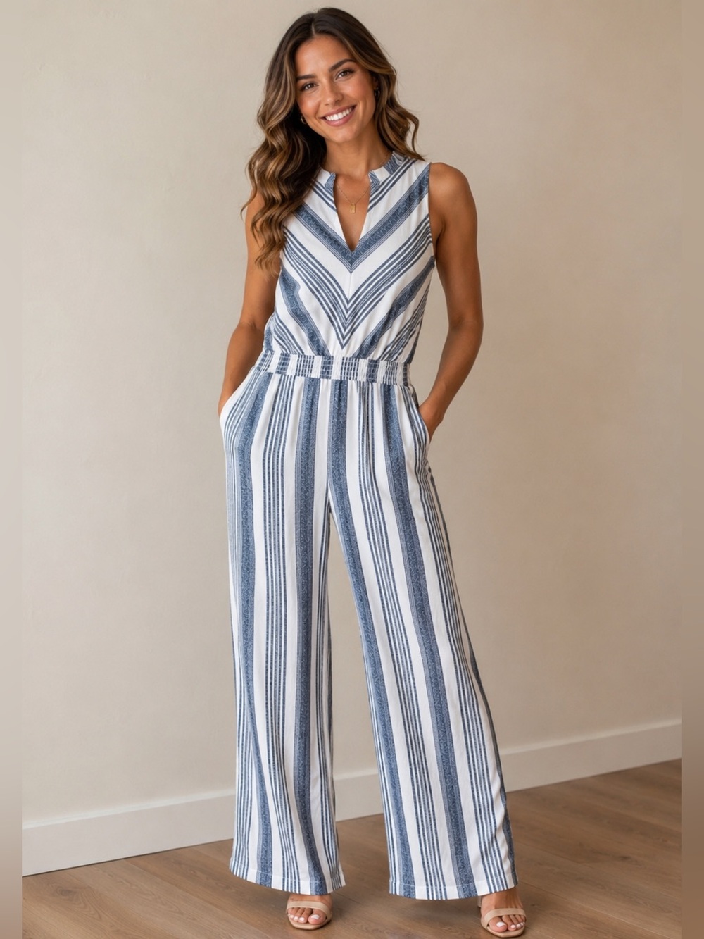 Monteau Sleeveless Blue and White Striped Jumpsuit EUC